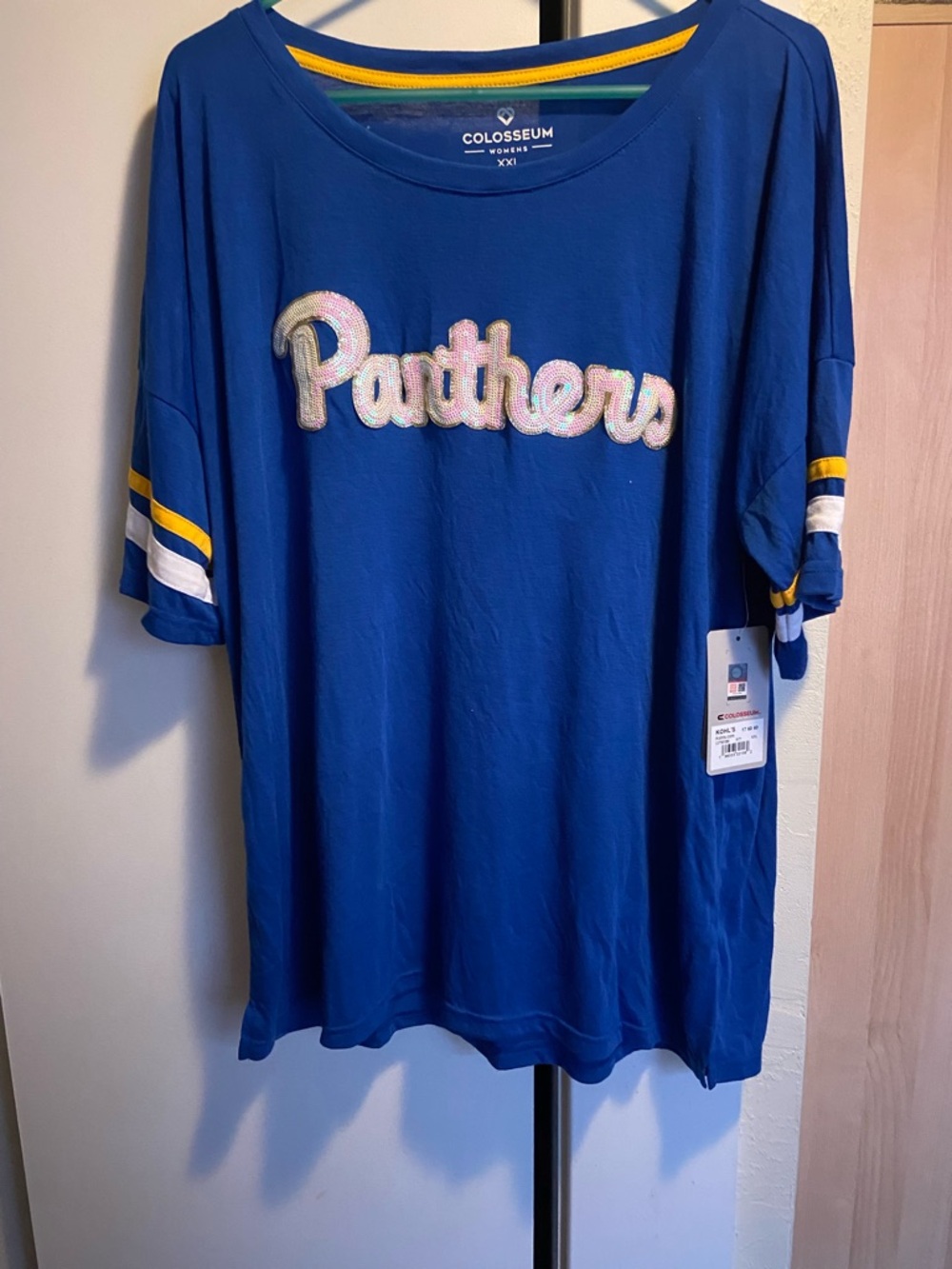 Colosseum Blue PITT Panthers Short Sleeve Tee with Yellow & White Stripes- XXL